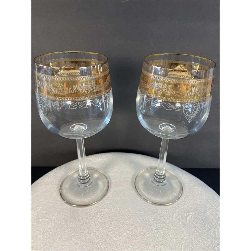 Vintage Stolzle Crystal Wine Goblet Glasses Gold Trim and White Band, Set of 8 - Picture 2 of 12